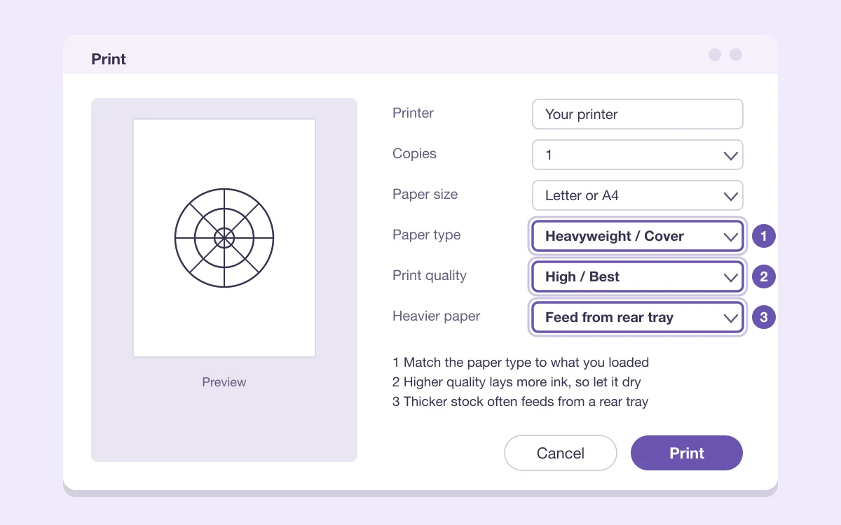 Generic print dialog with paper type, print quality and heavier paper settings numbered 1 to 3