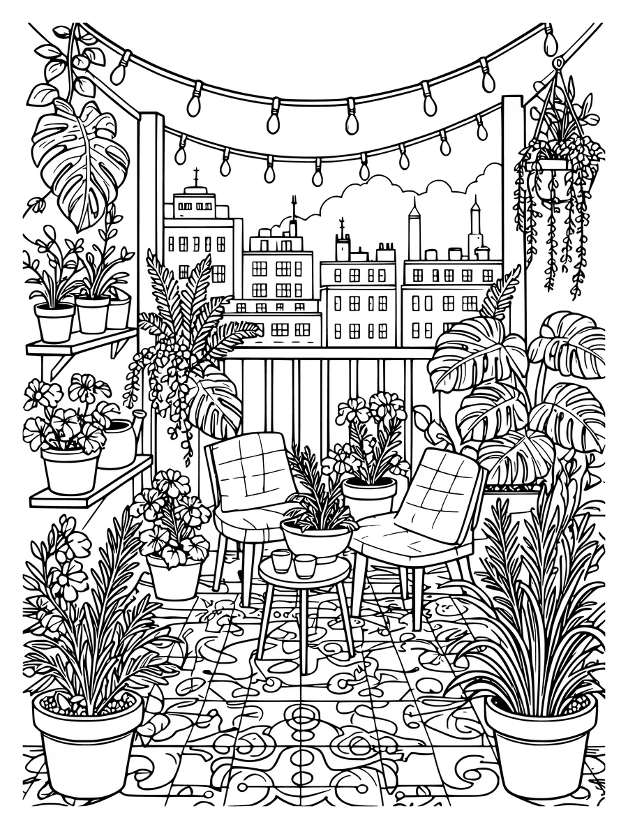 A coloring page illustrates a balcony garden with string lights, potted plants, and a city view.