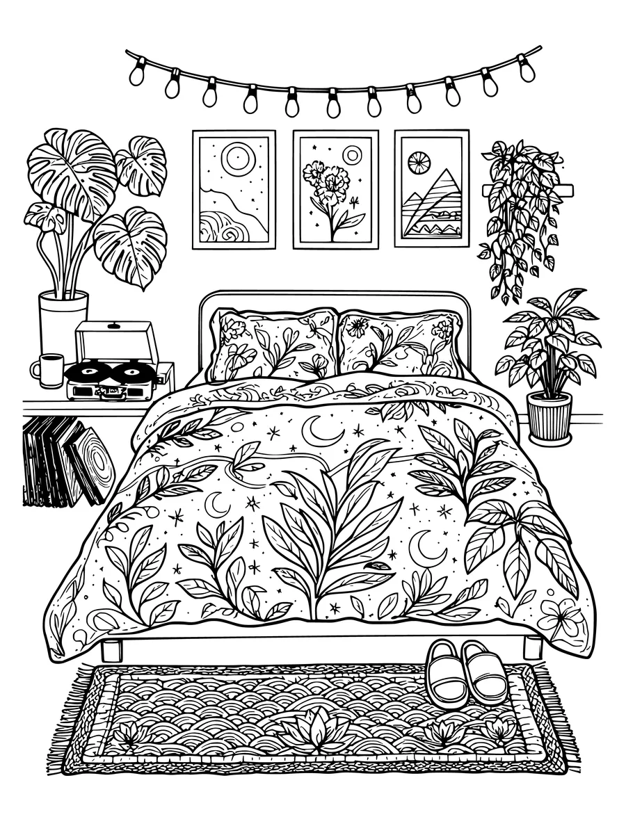A cozy bedroom scene features a bed with leaf patterns, potted plants, a record player, and string lights, colouring page