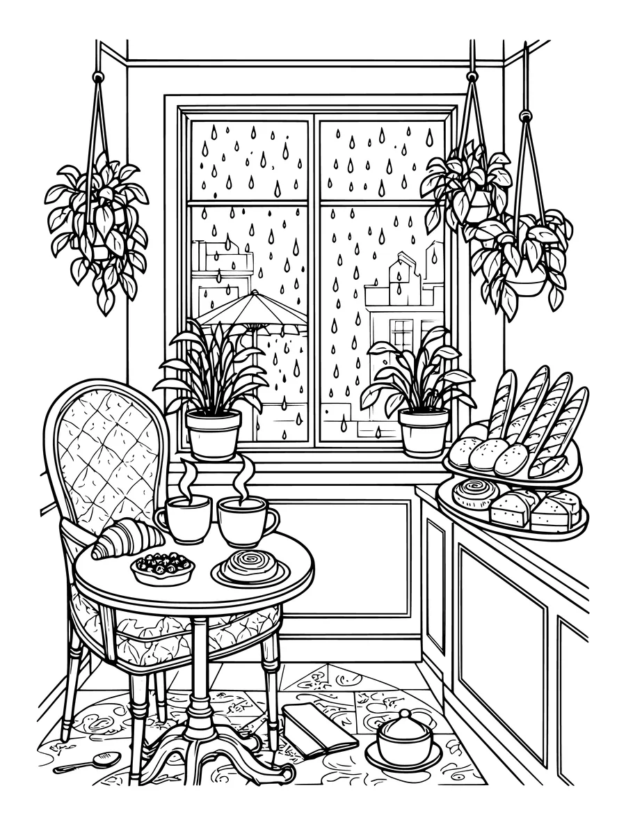 A cafe table with coffee and pastries sits by a rainy window, surrounded by hanging plants, colouring page