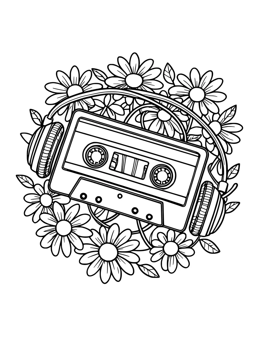 A colouring page shows a cassette tape and headphones surrounded by a cluster of daisies.