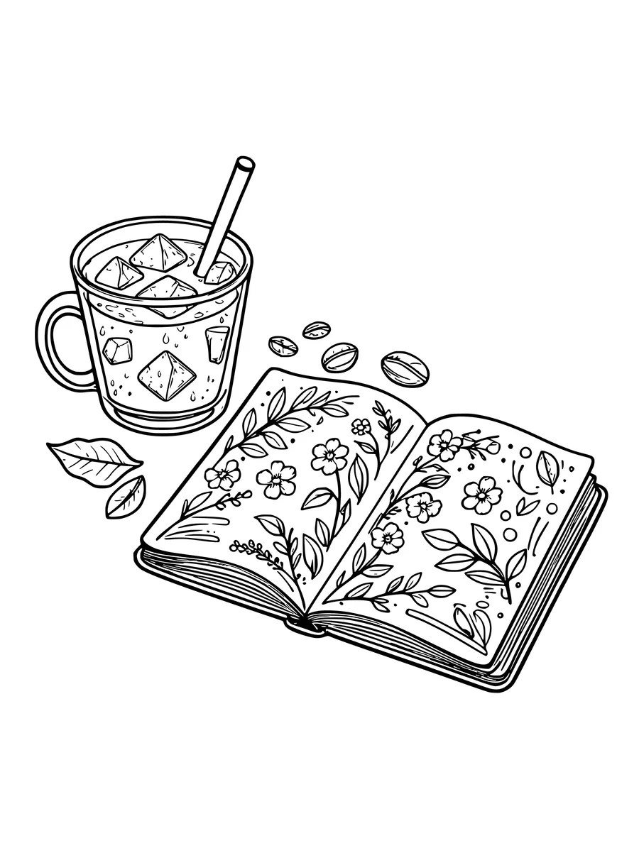 A coloring page shows an iced coffee cup with a straw placed next to an open, flower-filled journal.