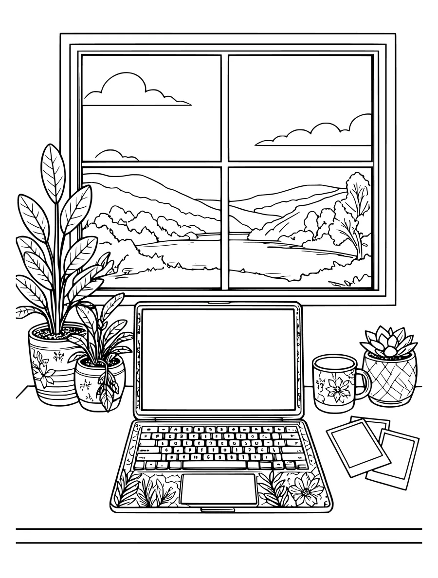 Black and white line art coloring page of desk by a window with a laptop, plants, a mug and instant photos, intricate detail