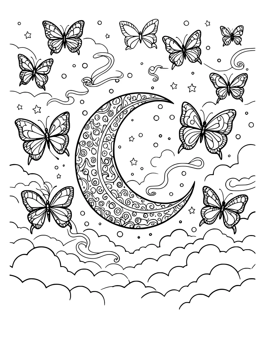 Black and white line art coloring page of dreamy sky of clouds, butterflies and a crescent moon, intricate detail