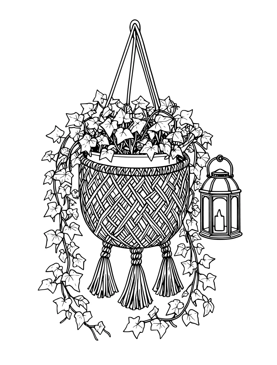 A hanging macrame planter holds trailing ivy next to a small metal lantern, coloring page