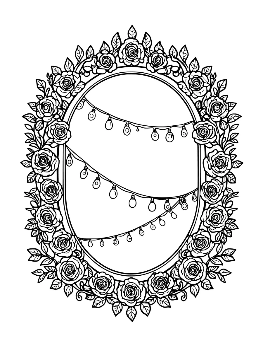 A coloring page displays an oval mirror with a decorative floral frame and hanging fairy lights.