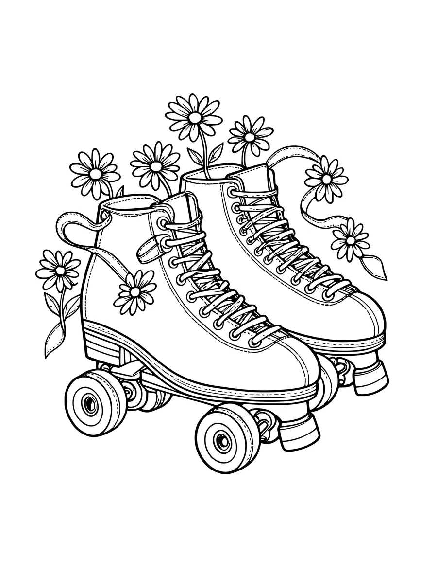 A colouring page depicts a pair of roller skates with ribbon laces and daisies.