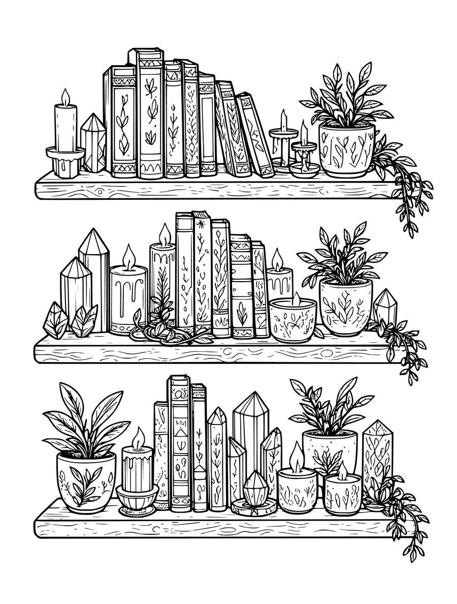 A colouring page features three shelves filled with books, crystals, candles, and hanging trailing plants.