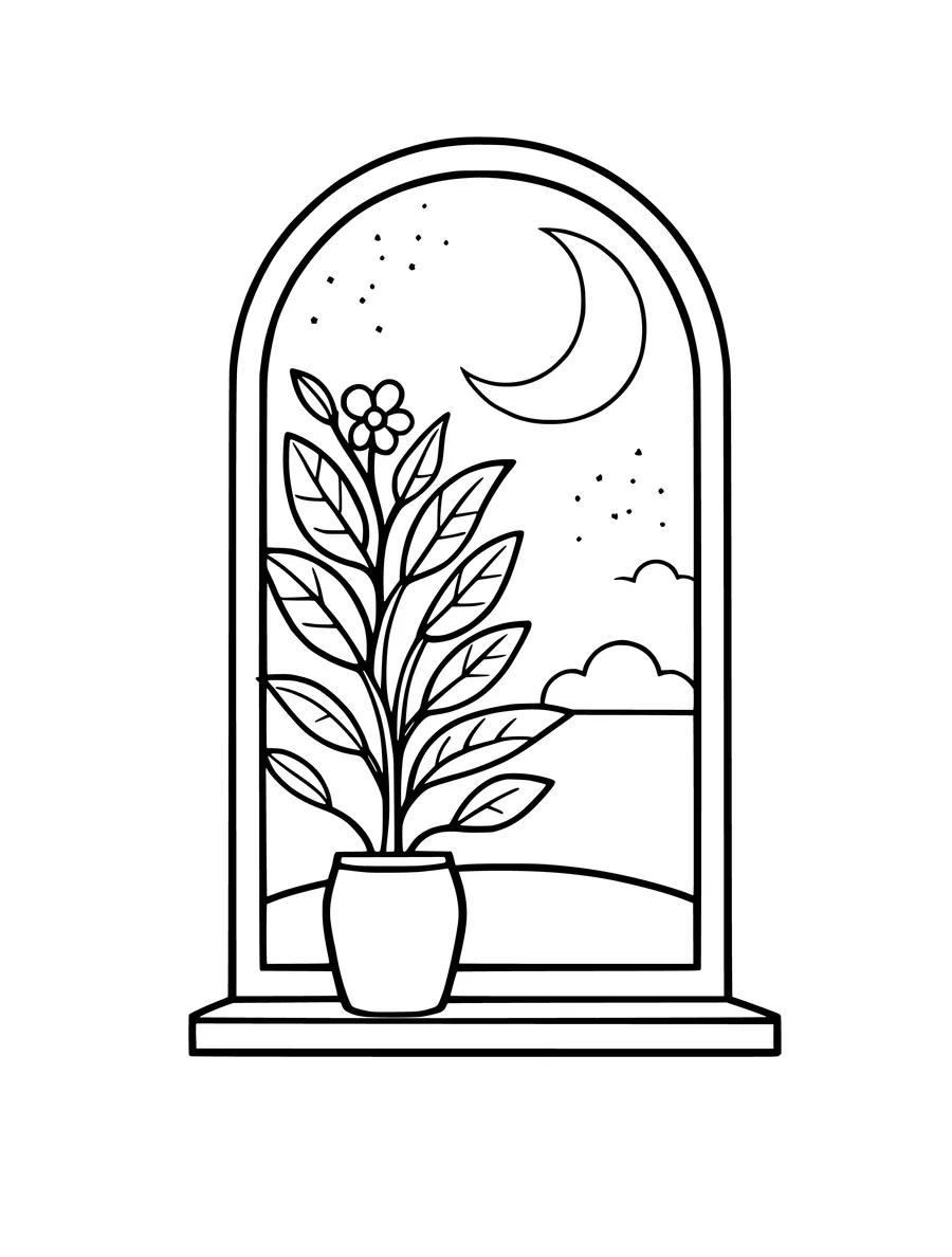 A potted plant sits on a windowsill inside an arched frame, with a crescent moon visible outside.