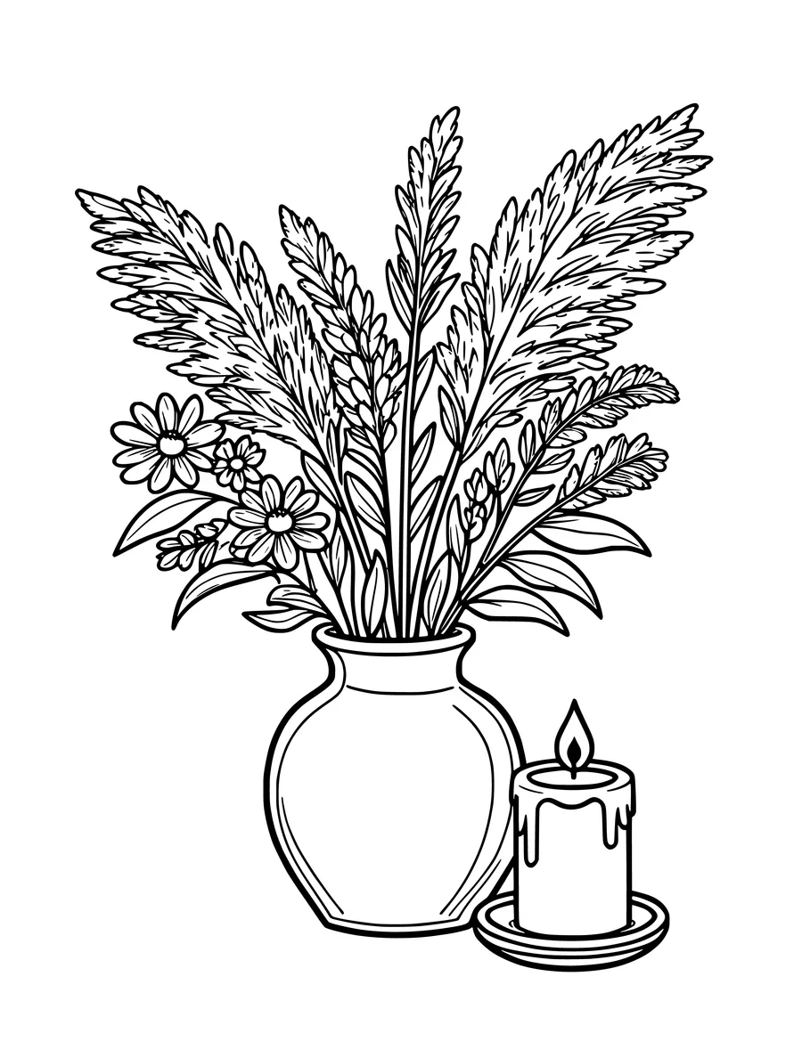 A vase filled with dried pampas grass and small flowers sits next to a lit candle on a table.