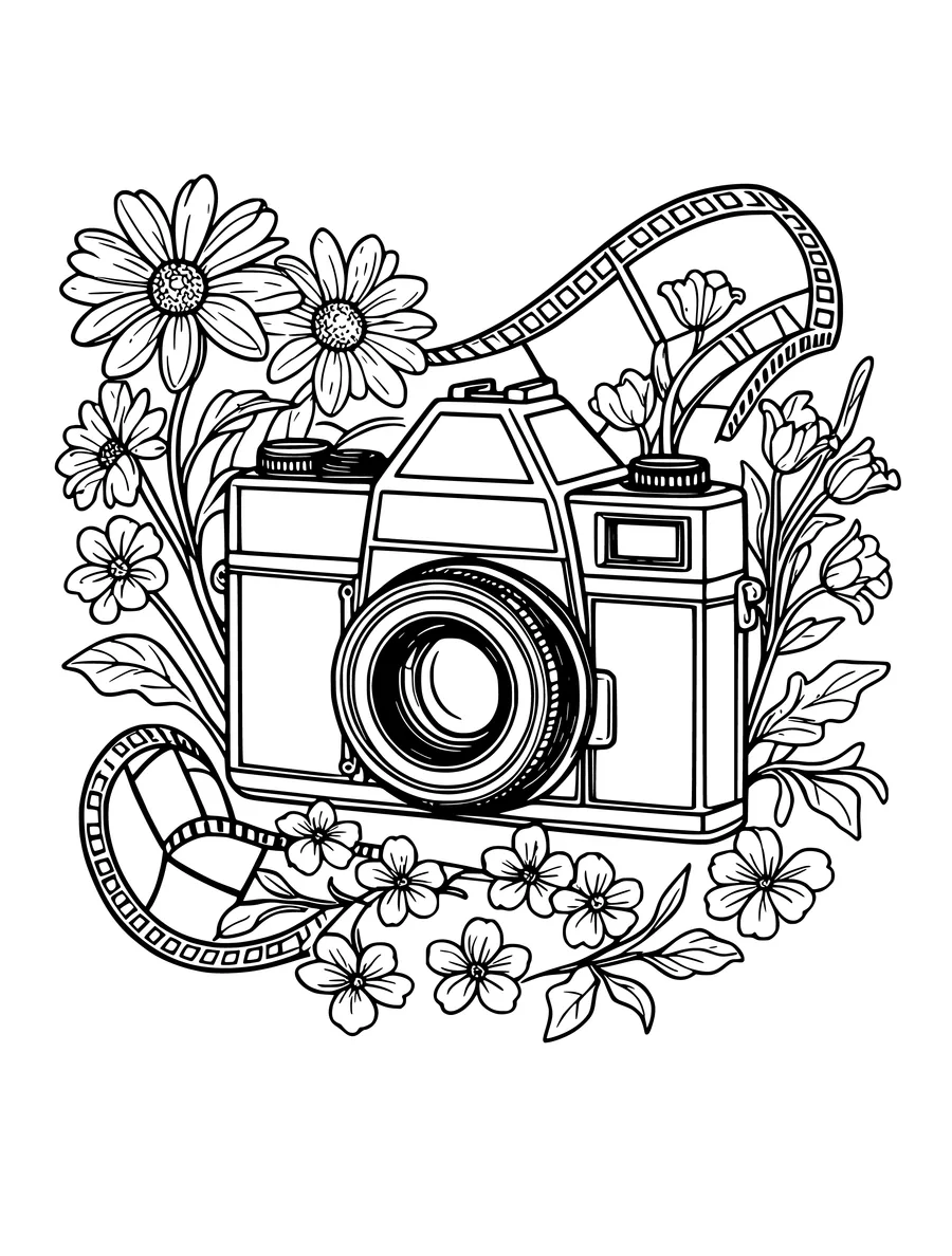 A vintage camera is surrounded by wildflowers and lengths of curled film strip, colouring page