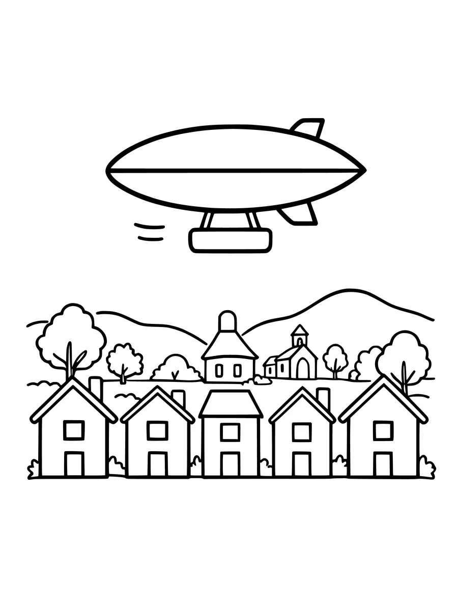 A blimp floats above a small town with several houses and a church in a colouring page.