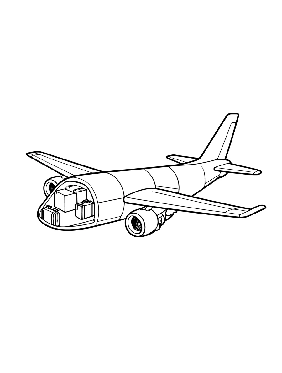 Black and white line art colouring page of cargo plane with its nose open, simple detail