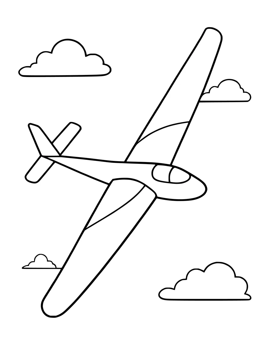 A glider with long, thin wings soars through the sky above fluffy clouds in this line art, coloring page