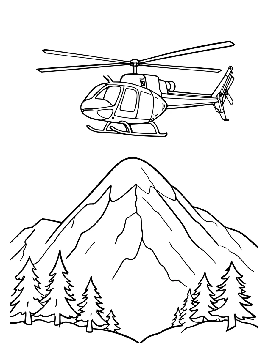Black and white line art coloring page of helicopter hovering above a mountain, medium detail