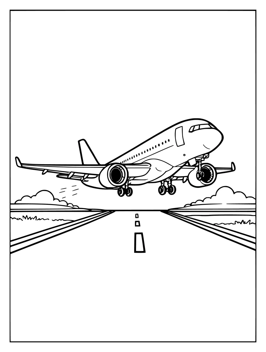 A jet taking off from a runway with clouds in the background in this coloring page.