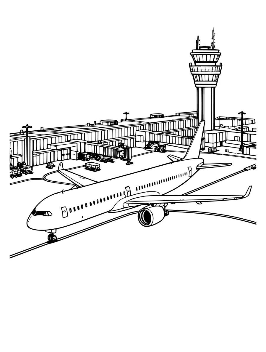 A detailed passenger plane sits at an airport terminal near a tall control tower, colouring page