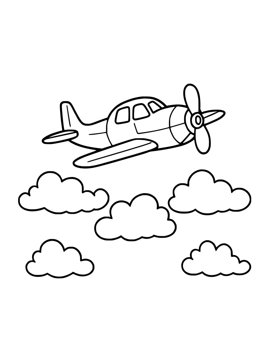 A propeller plane flies through the air above a cluster of clouds in this coloring page.