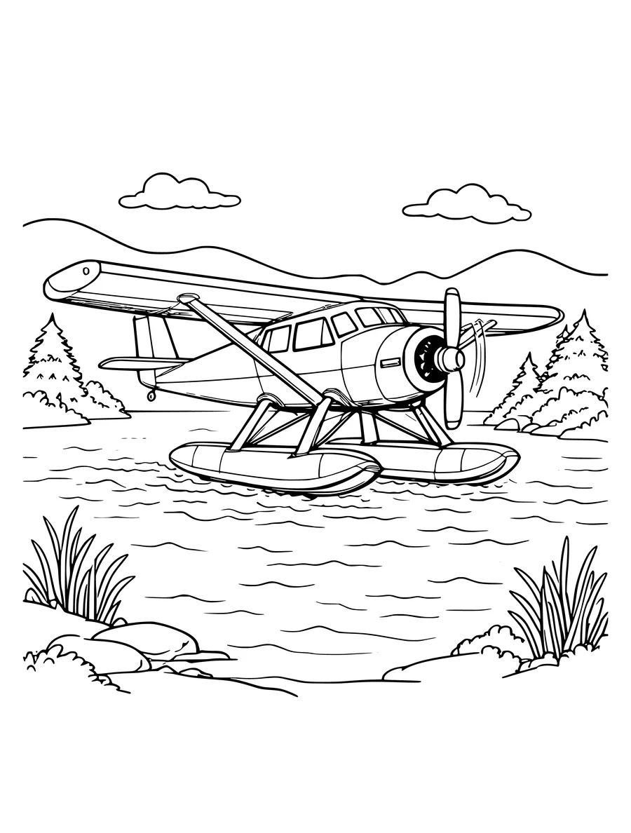 Black and white line art colouring page of seaplane landing on a lake, medium detail