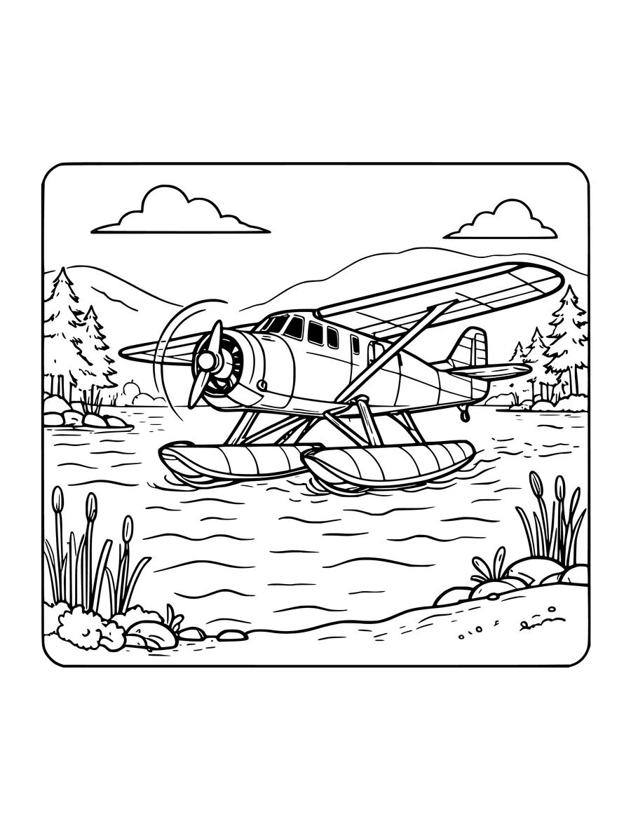Black and white line art coloring page of seaplane landing on a lake, medium detail