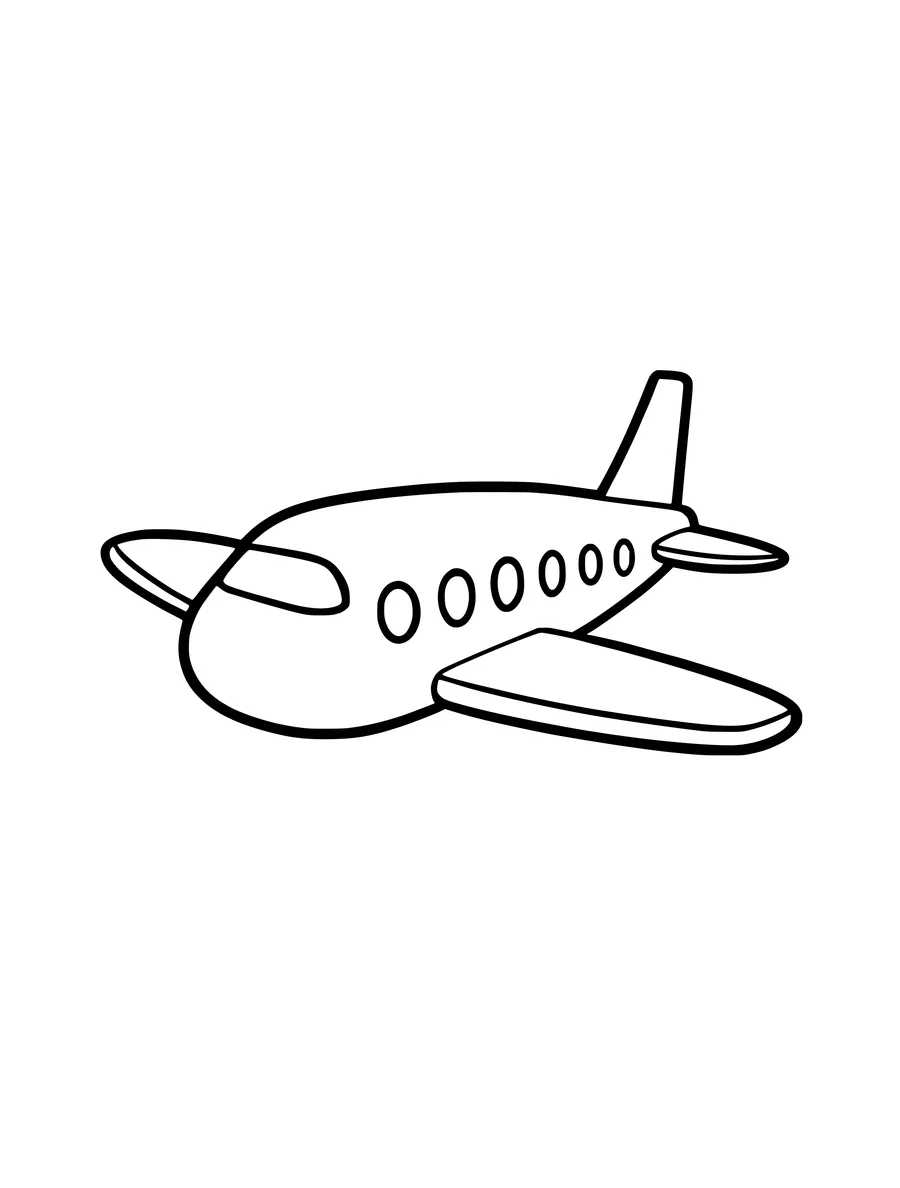 A simple airplane with two wings and round windows is drawn in bold line art, colouring page