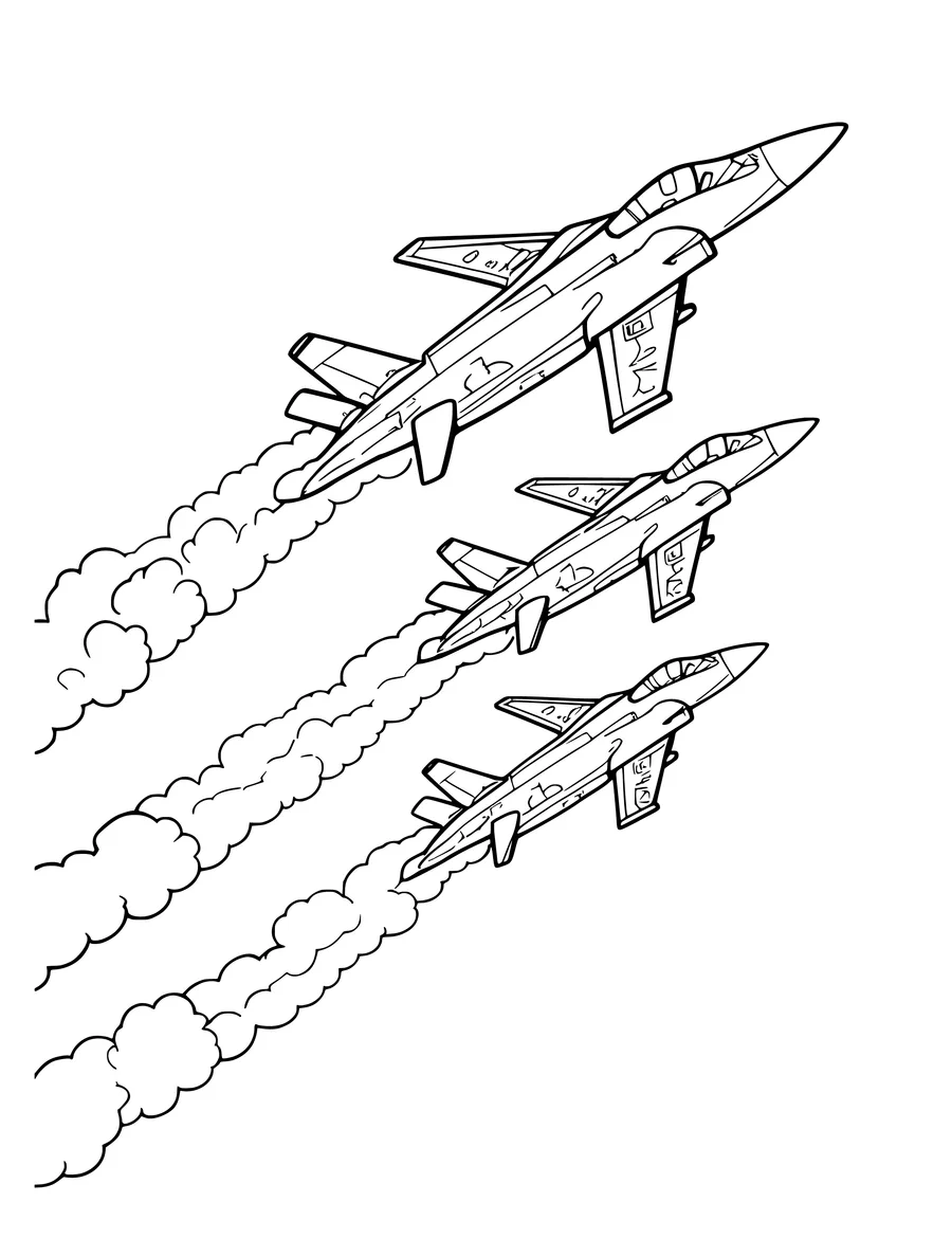 Black and white line art coloring page of three jets flying in formation with smoke trails, medium detail