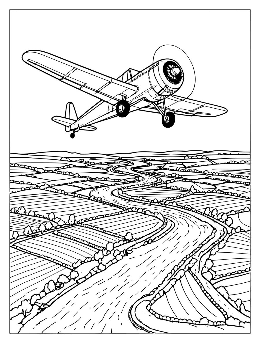 A vintage plane flies over a winding river and farmland in this detailed line art, coloring page