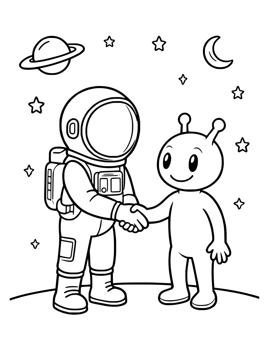 A coloring page of an astronaut shaking hands with a friendly alien on the surface of a moon with stars.