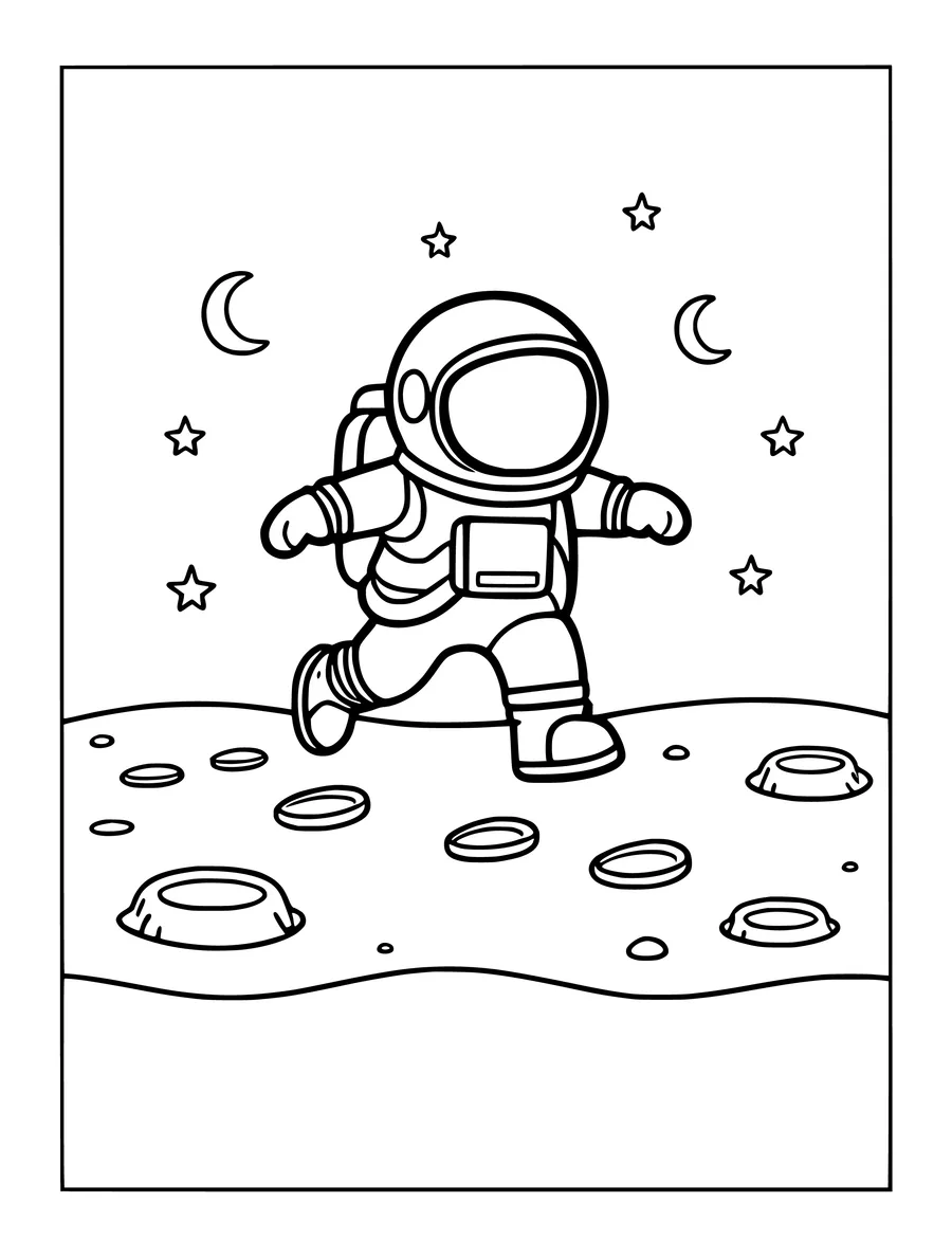A coloring page of an astronaut jumping on the moon, leaving footprints among craters and simple stars.