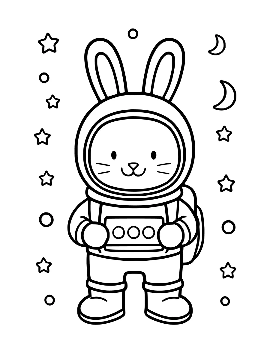 A simple coloring page of a cute bunny wearing an astronaut helmet and suit surrounded by stars and moons.