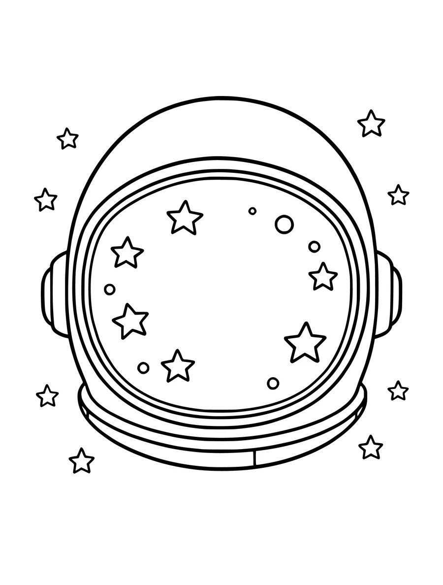 A close-up line art of an astronaut helmet with various star shapes reflected in the visor, coloring page