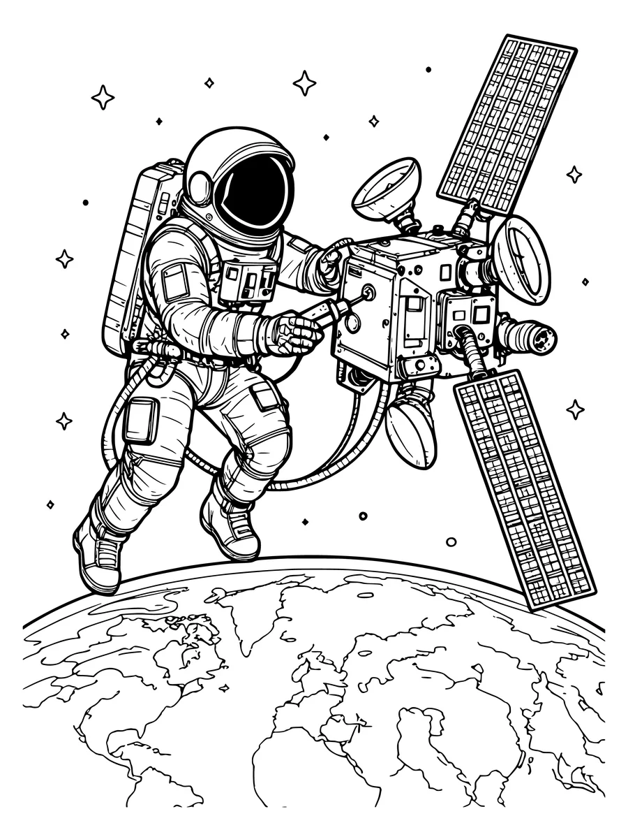 Black and white line art coloring page of astronaut on a tether repairing a satellite above Earth, detailed detail