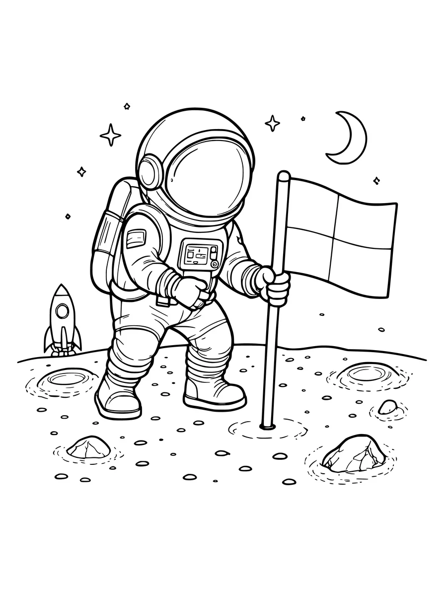 An astronaut plants a flag on the lunar surface, with a small rocket and a crescent moon in the sky.
