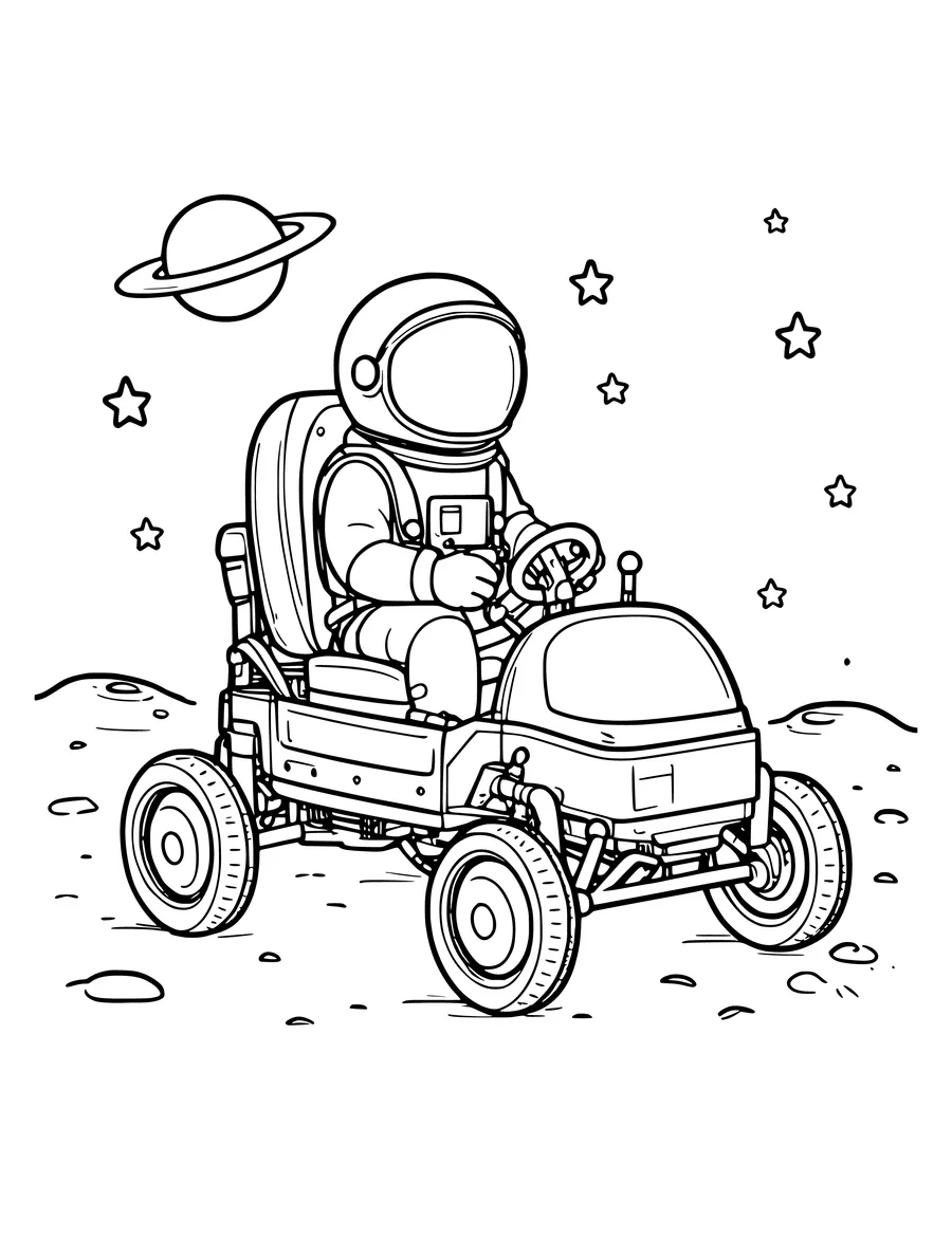 A colouring page showing an astronaut driving a moon rover across the lunar surface past stars and a planet.