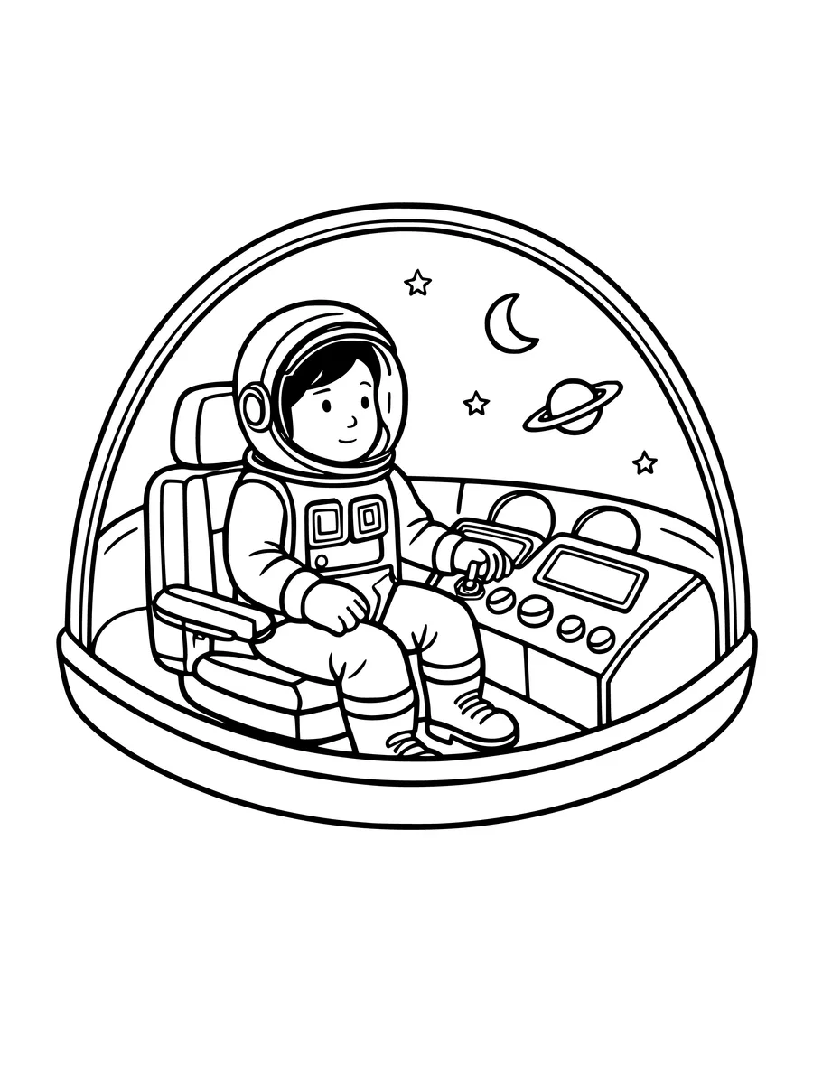 A colouring page of an astronaut sitting in a spaceship cockpit, surrounded by stars and celestial bodies.
