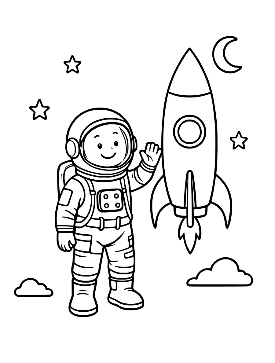 A smiling astronaut waves beside a rocket ship under a crescent moon and stars in this colouring page.