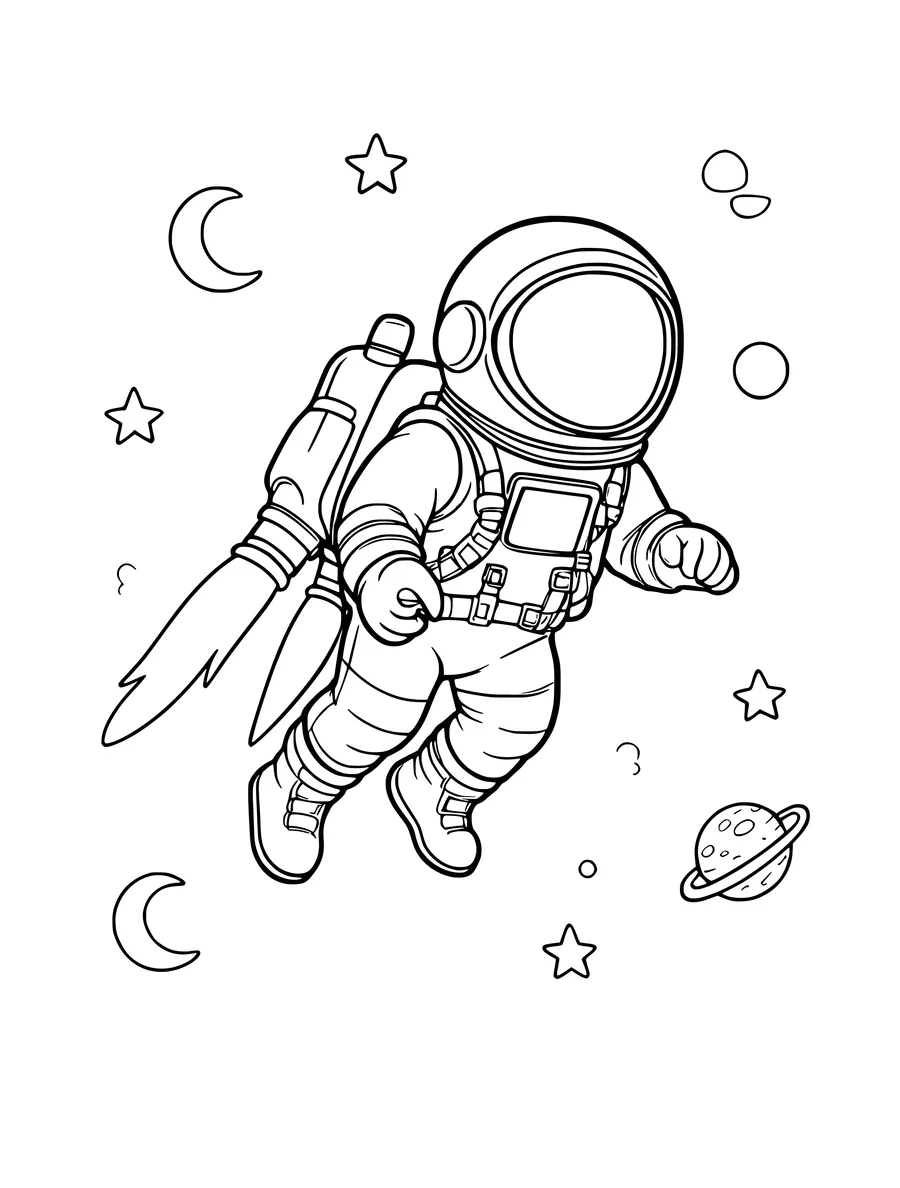 A coloring page of an astronaut floating in space with a jetpack, surrounded by small stars and planets.