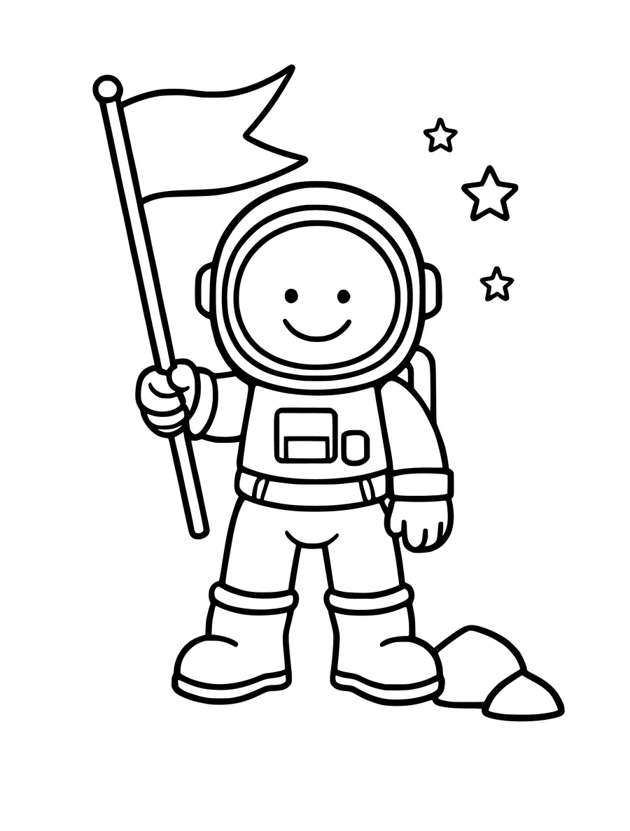 A smiling astronaut in a round helmet stands holding a flag next to a pile of moon rocks and stars, colouring page