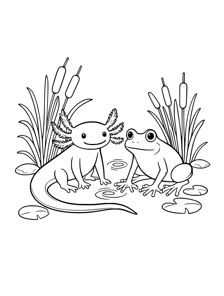 Black and white line art colouring page of axolotl and a frog among reeds, medium detail