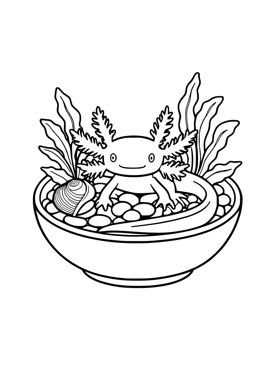 Detailed line art of an axolotl sitting in a bowl filled with pebbles, a shell, and aquatic plants, colouring page