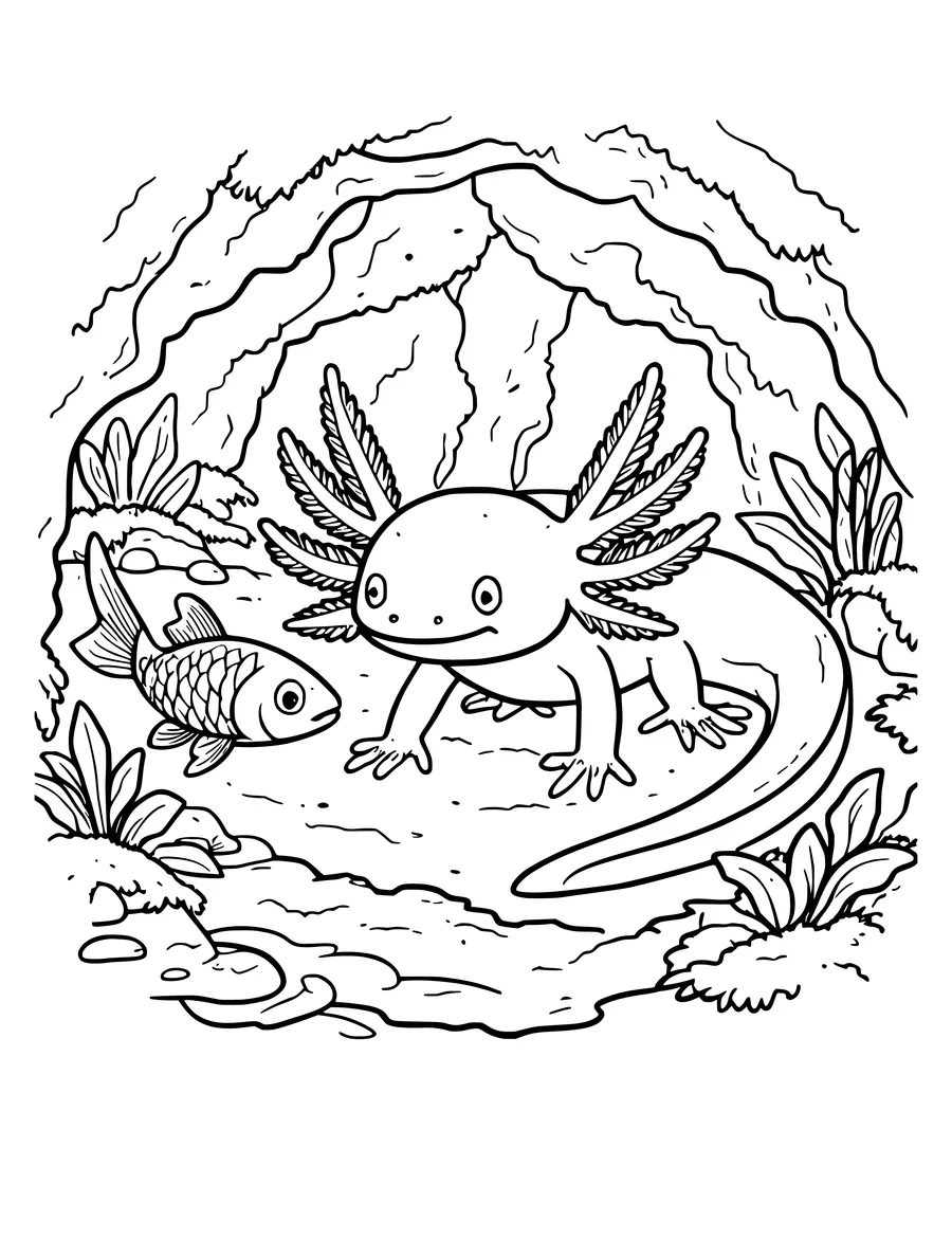 Black and white line art coloring page of axolotl in a mossy cave with a fish, detailed detail