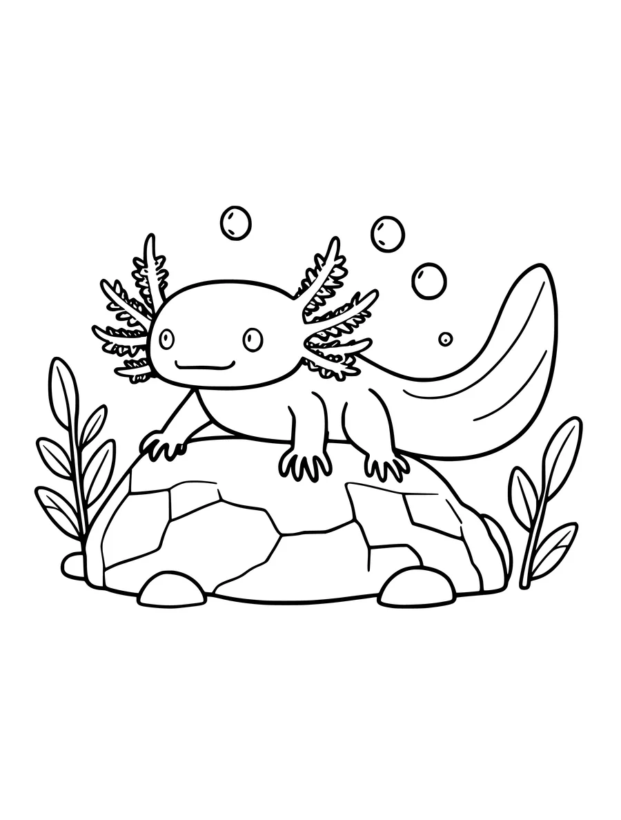 An axolotl resting on a rock in an aquarium with bubbles and seaweed in this line art illustration, colouring page