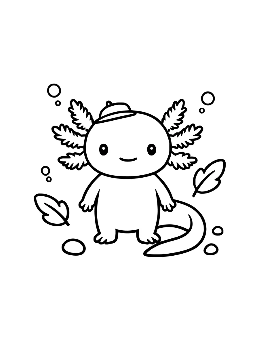 A happy axolotl wearing a tiny hat, surrounded by bubbles and leaves in this simple colouring page.
