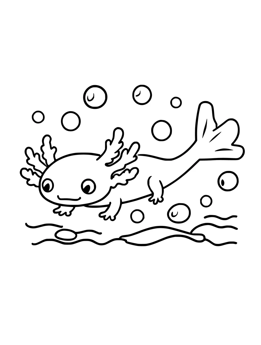 Black and white line art coloring page of baby axolotl swimming among bubbles, simple detail