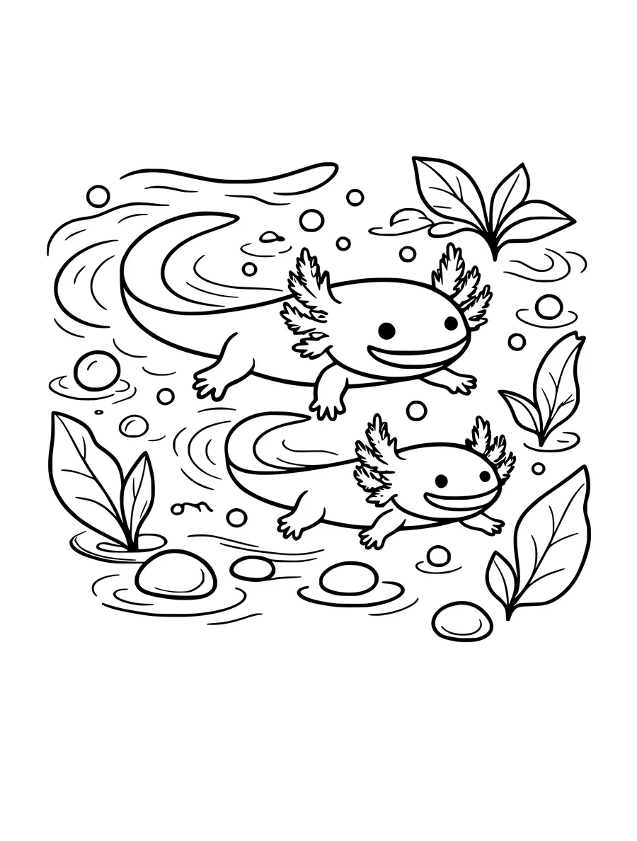 Black and white line art coloring page of pair of axolotls swimming together, medium detail