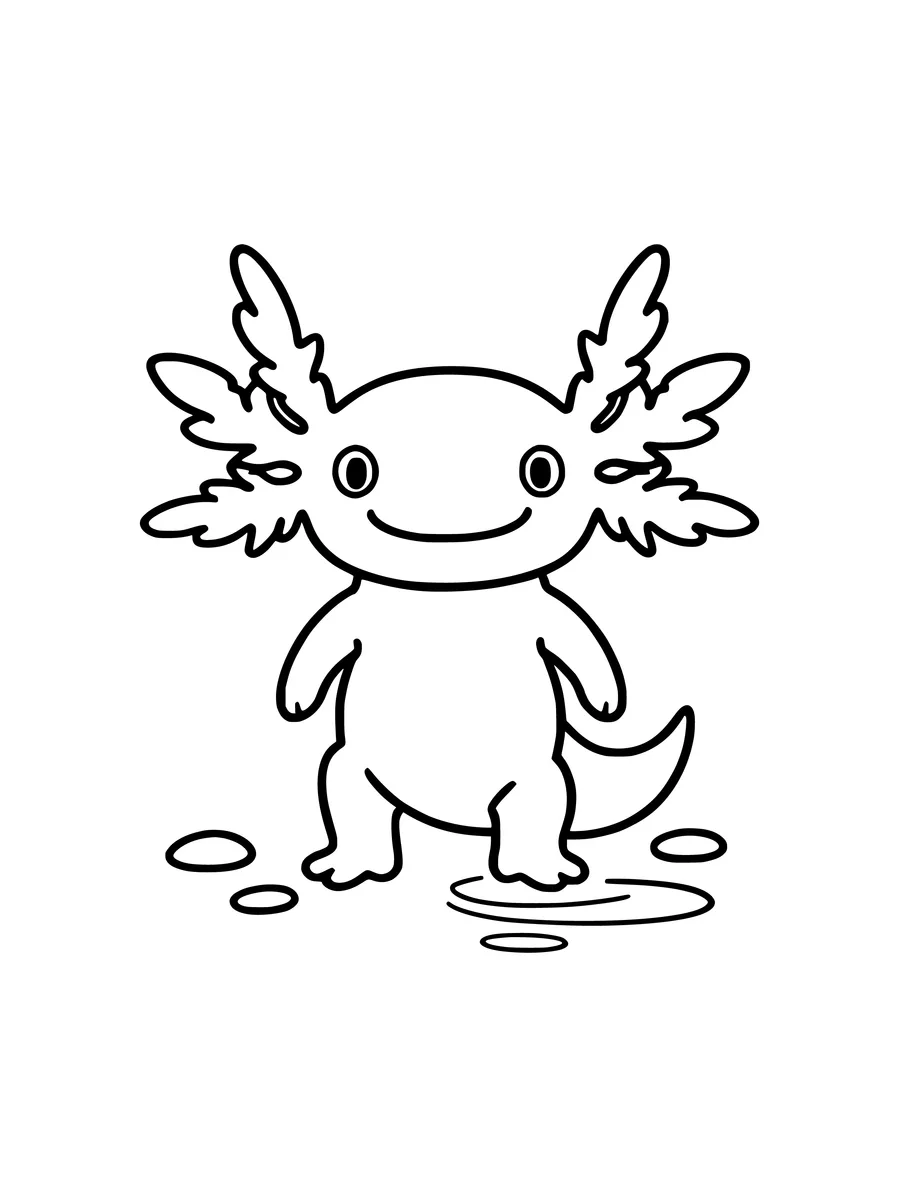 A smiling axolotl with large feathery gills standing on a simple base in this clean line art drawing, coloring page