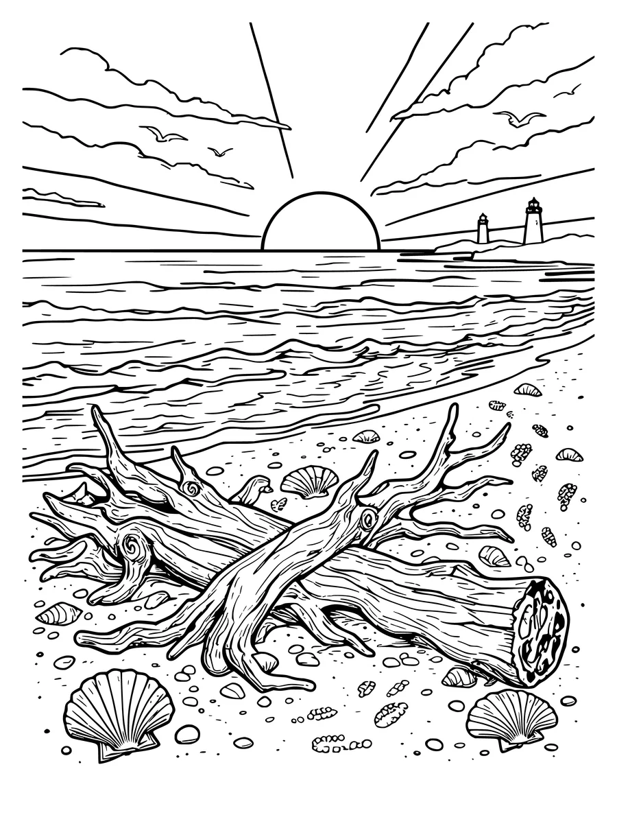 Black and white line art coloring page of beach at sunset with a driftwood log, shells and footprints, detailed detail