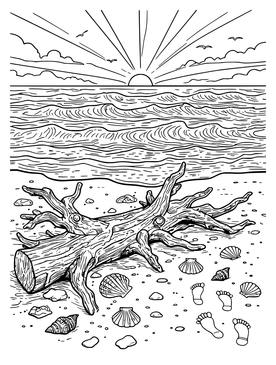 Black and white line art coloring page of beach at sunset with a driftwood log, shells and footprints, detailed detail