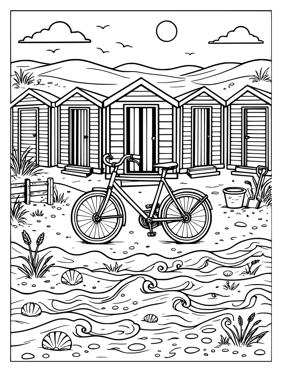 A bicycle is parked in front of a row of beach huts on a sandy shore in this intricate coloring page.