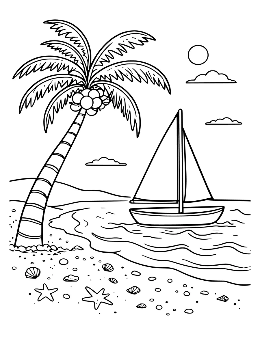 Black and white line art coloring page of beach scene with a palm tree and a sailboat, medium detail